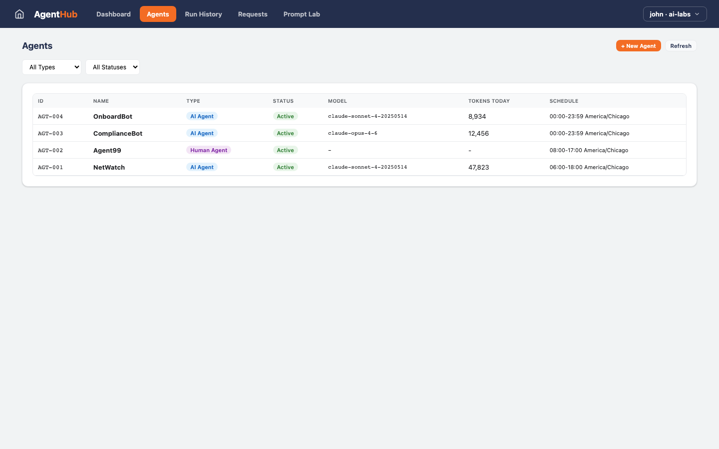 AgentHub — Agents view