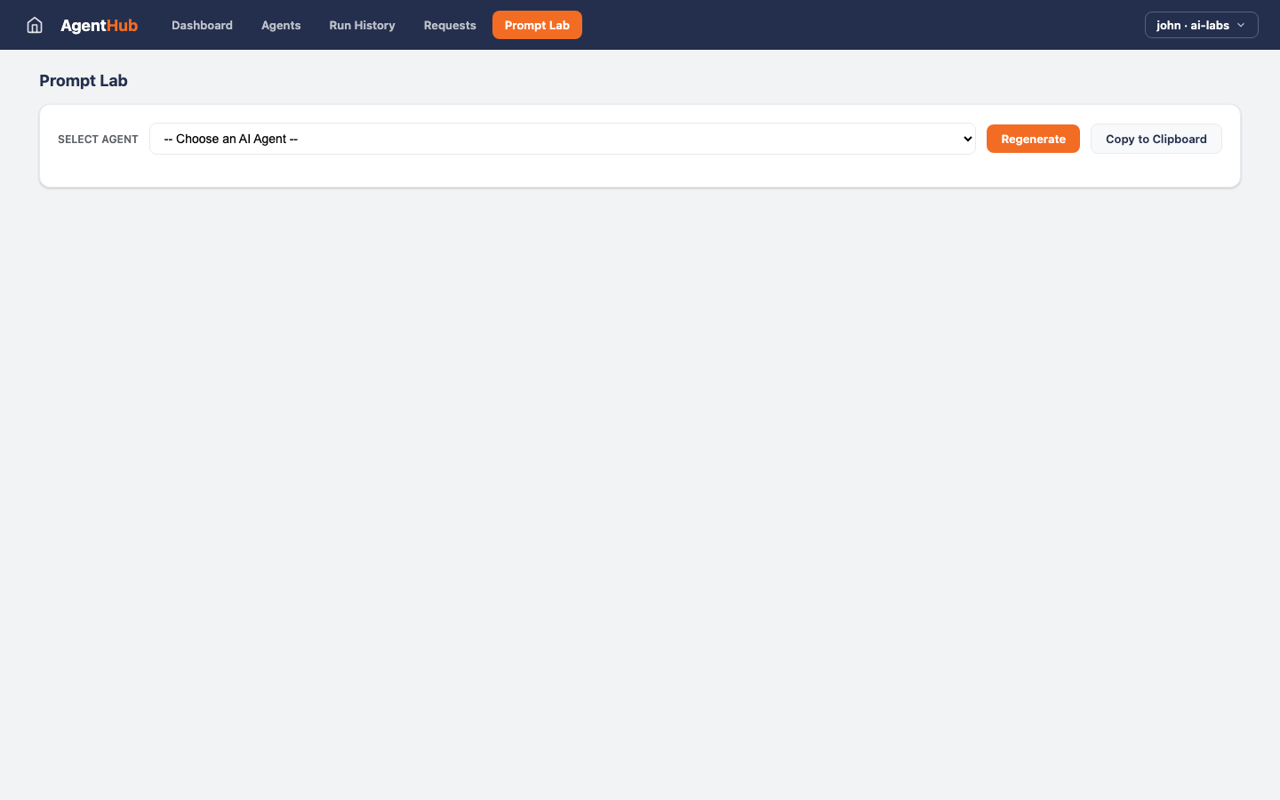 AgentHub — Prompt Lab view