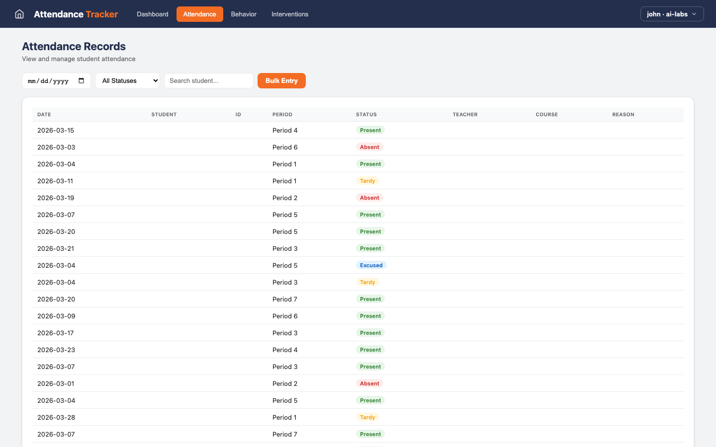 Attendance & Behavior — Attendance view
