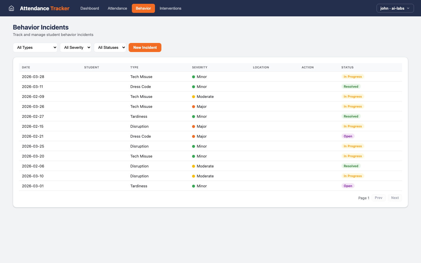 Attendance & Behavior — Behavior view