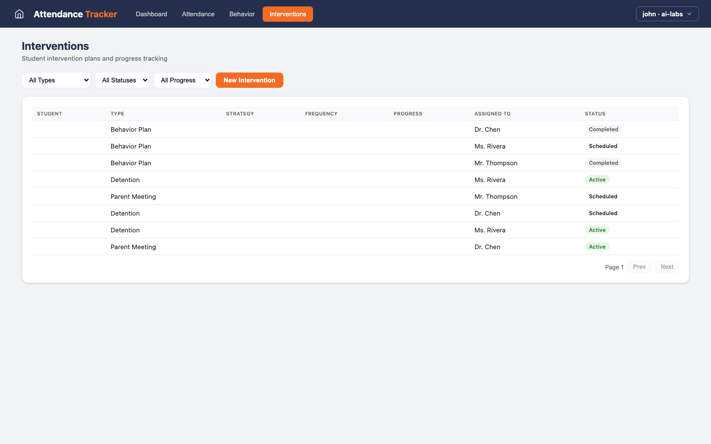 Attendance & Behavior — Interventions view