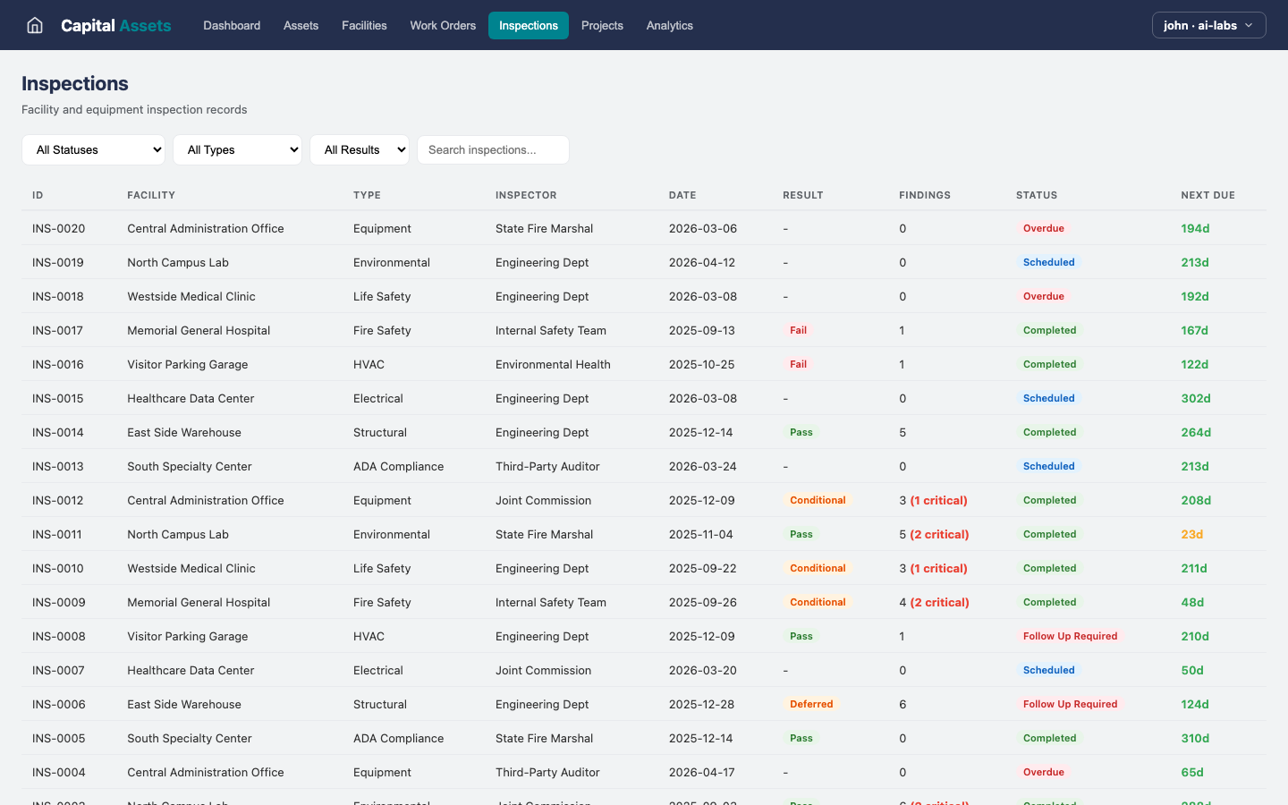 Capital Assets — Inspections view
