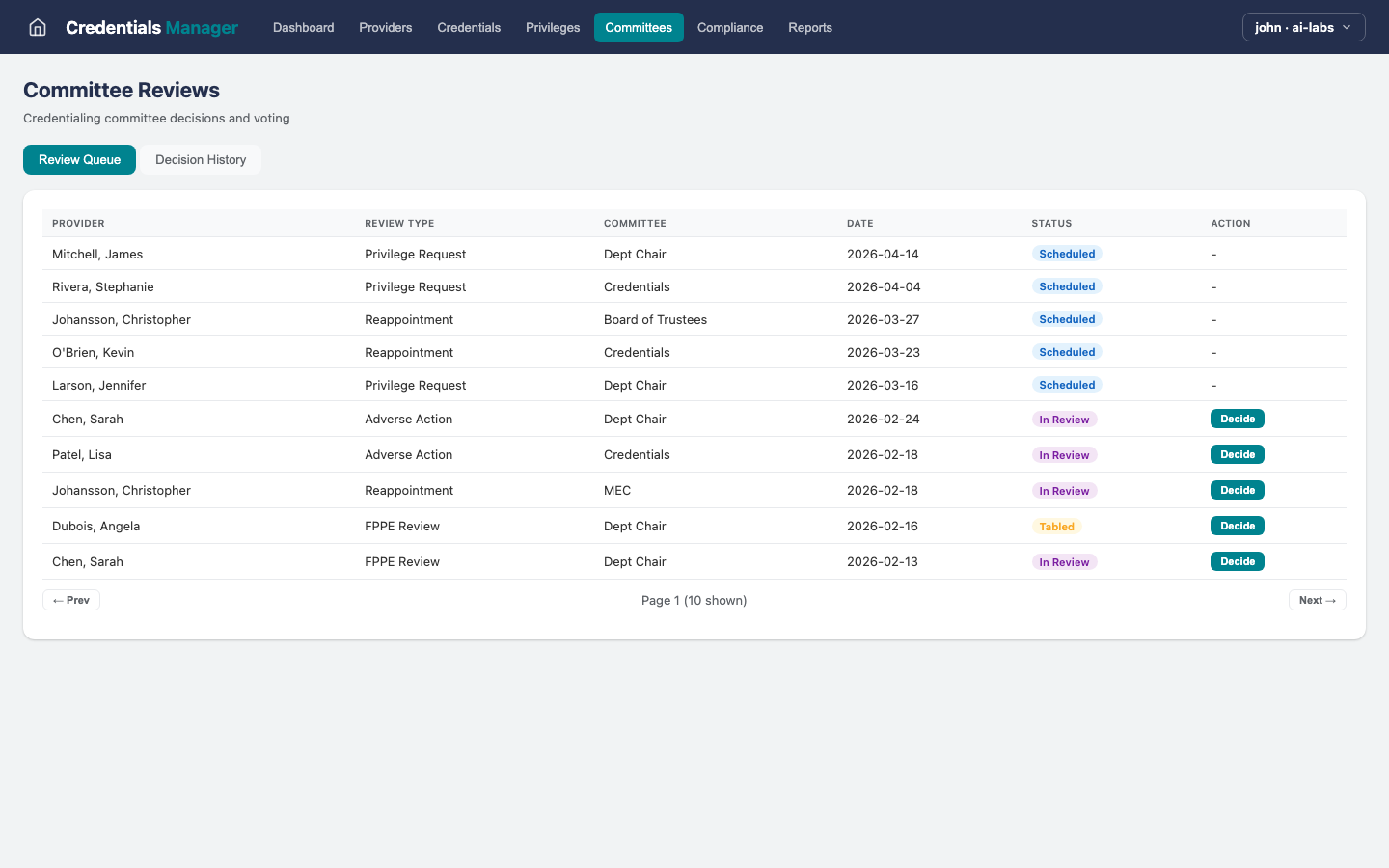 Credentials Mgr — Committees view