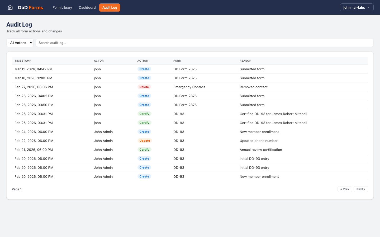 DoD Forms — Audit Log view