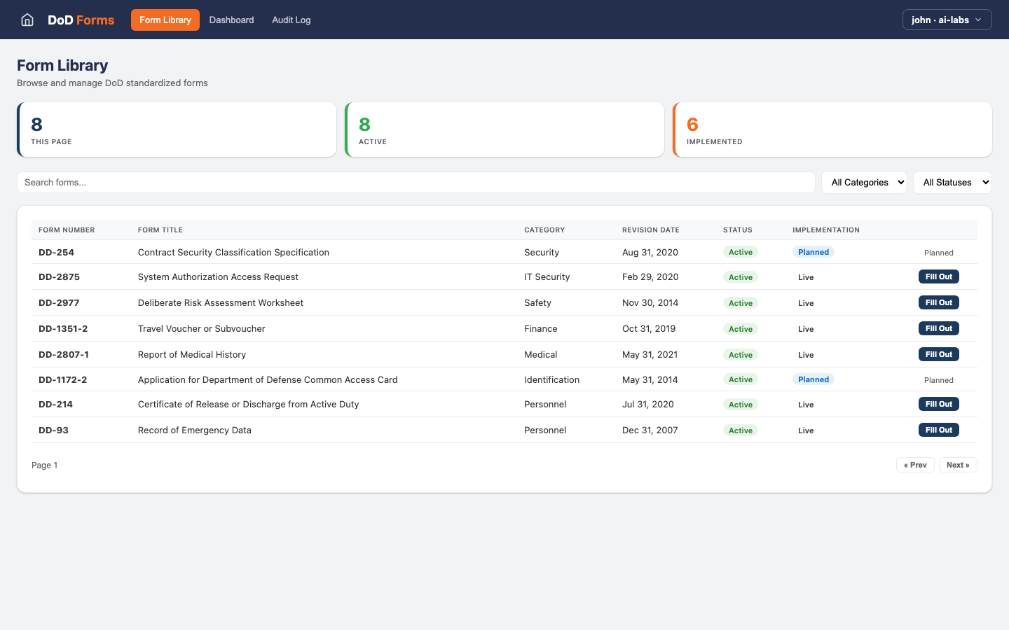 DoD Forms — Form Library view