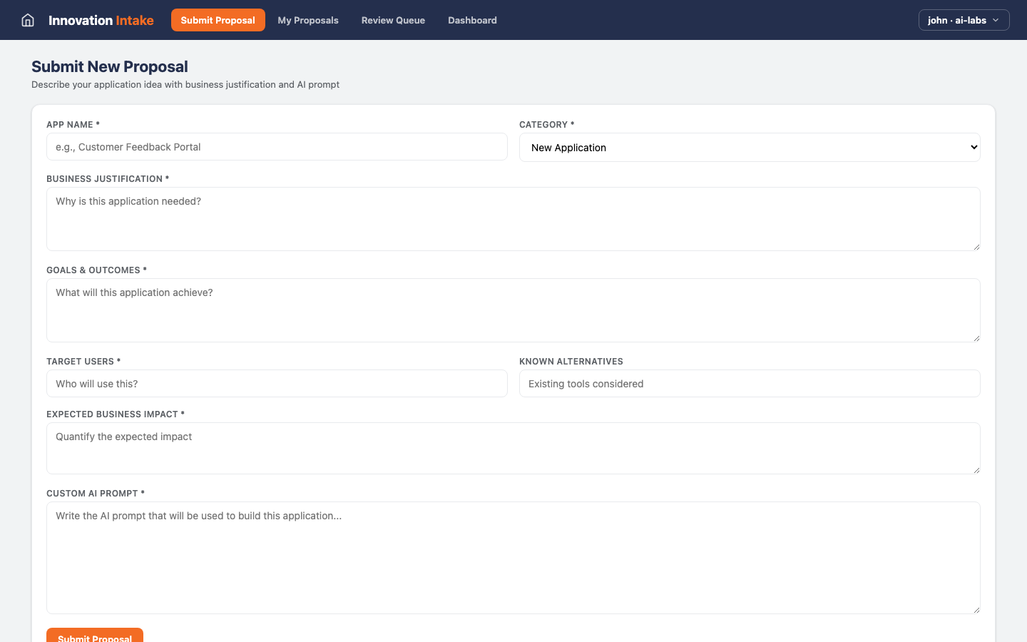 Innovation Intake — Dashboard view