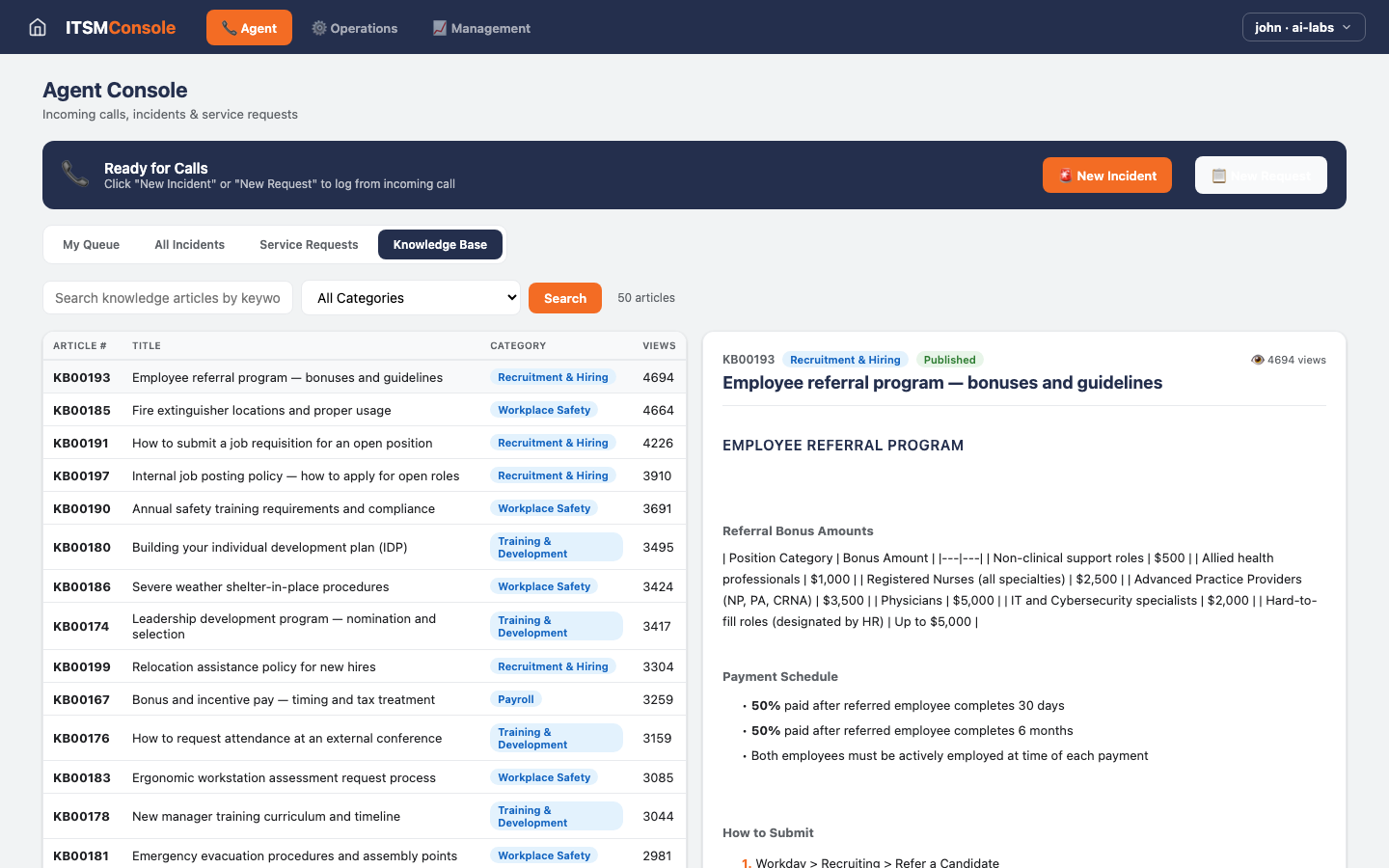 ITSM Console — Agent Knowledge Base view