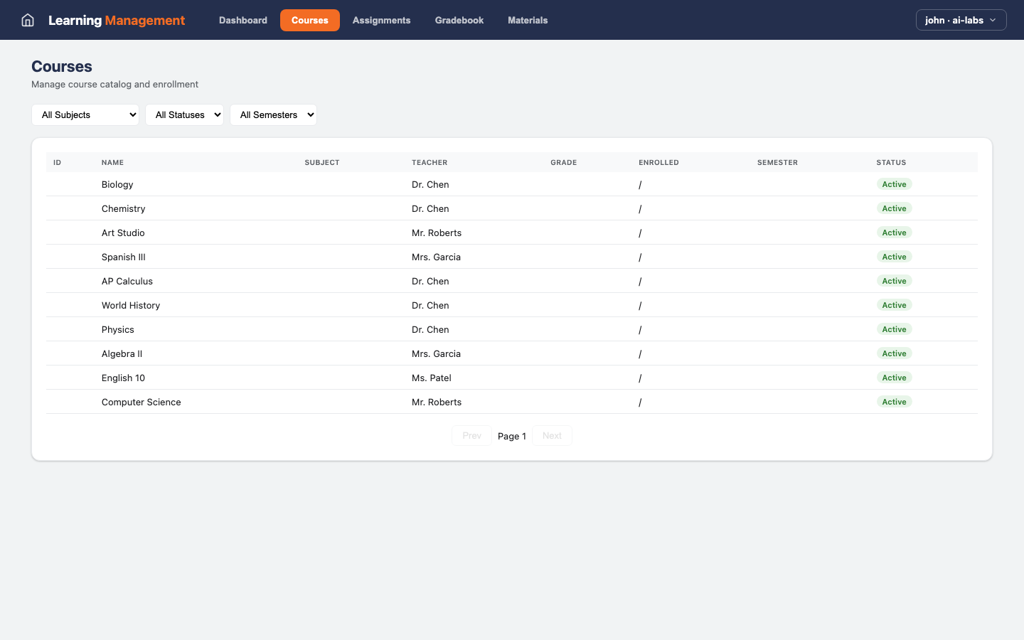 Learning Management — Courses view