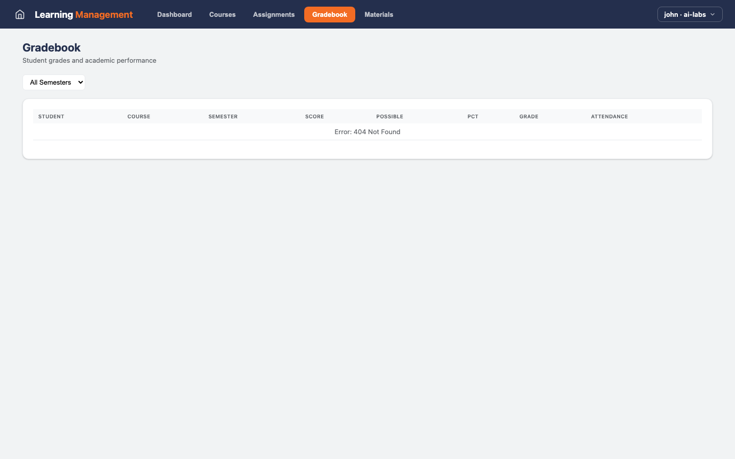 Learning Management — Gradebook view