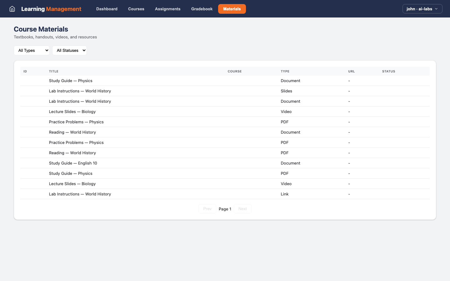 Learning Management — Materials view