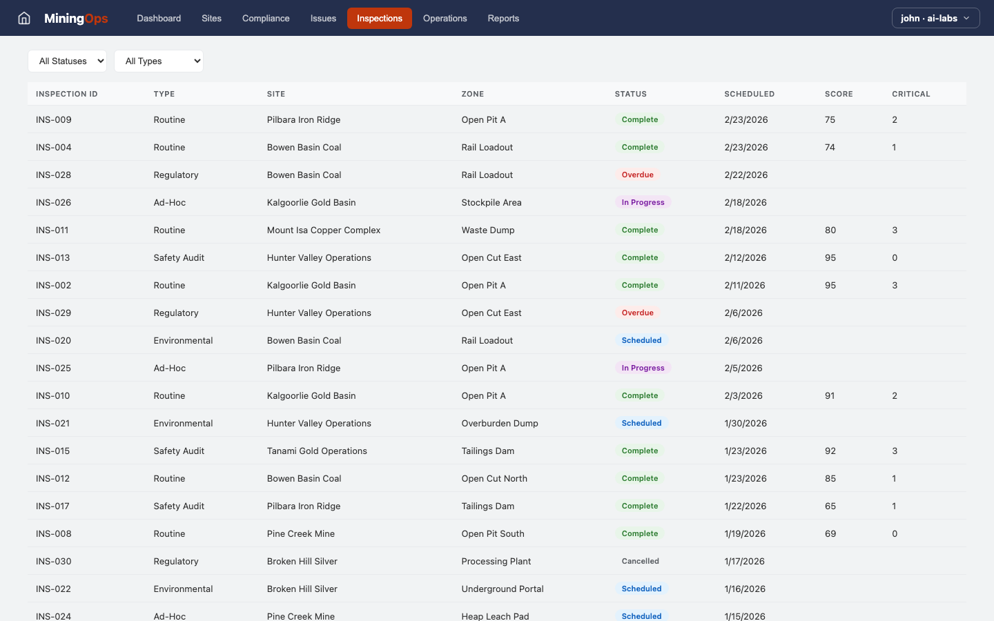 Mining Ops — Inspections view