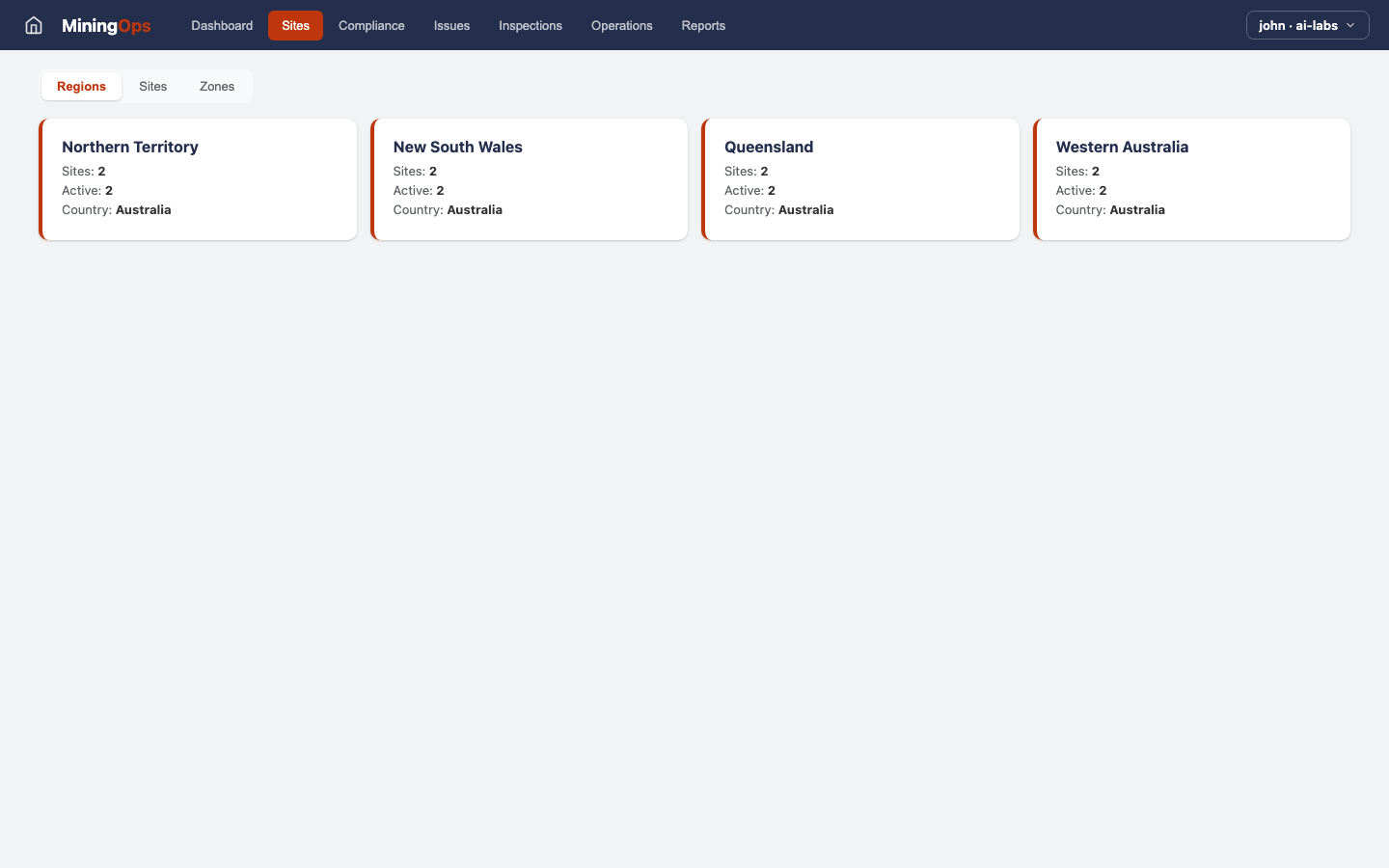 Mining Ops — Sites Regions view