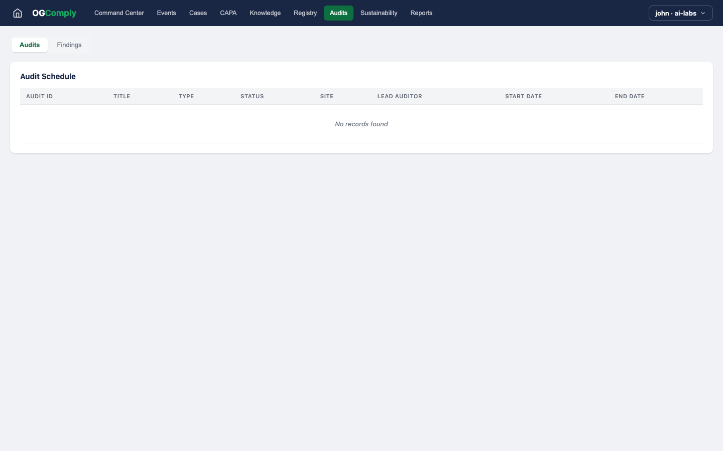 Oil & Gas Compliance — Audits view