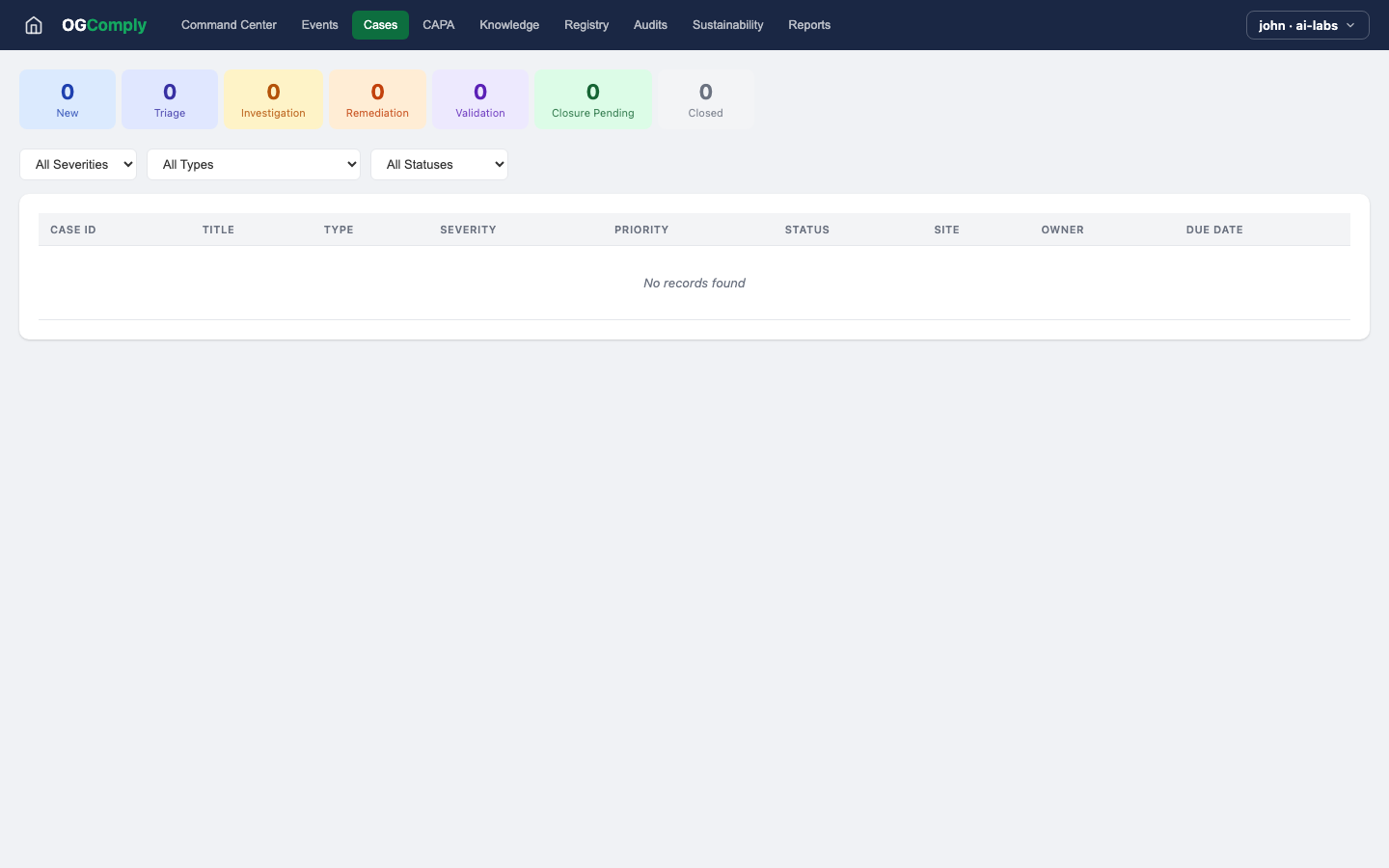 Oil & Gas Compliance — Cases view