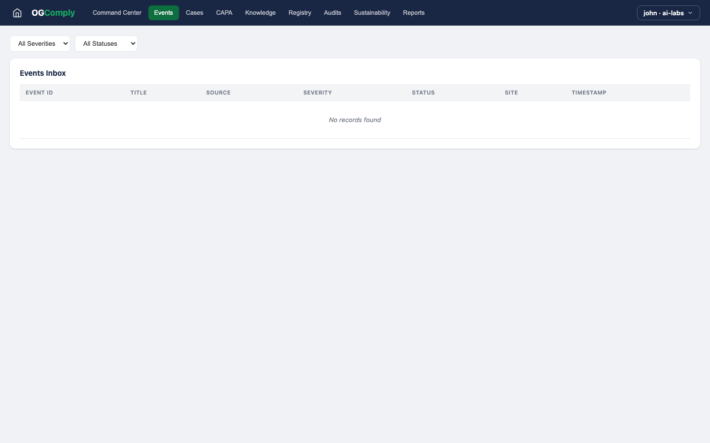 Oil & Gas Compliance — Events view