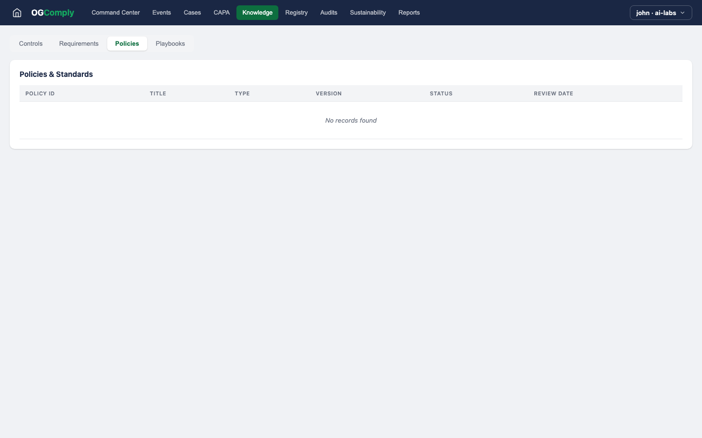 Oil & Gas Compliance — Knowledge Policies view