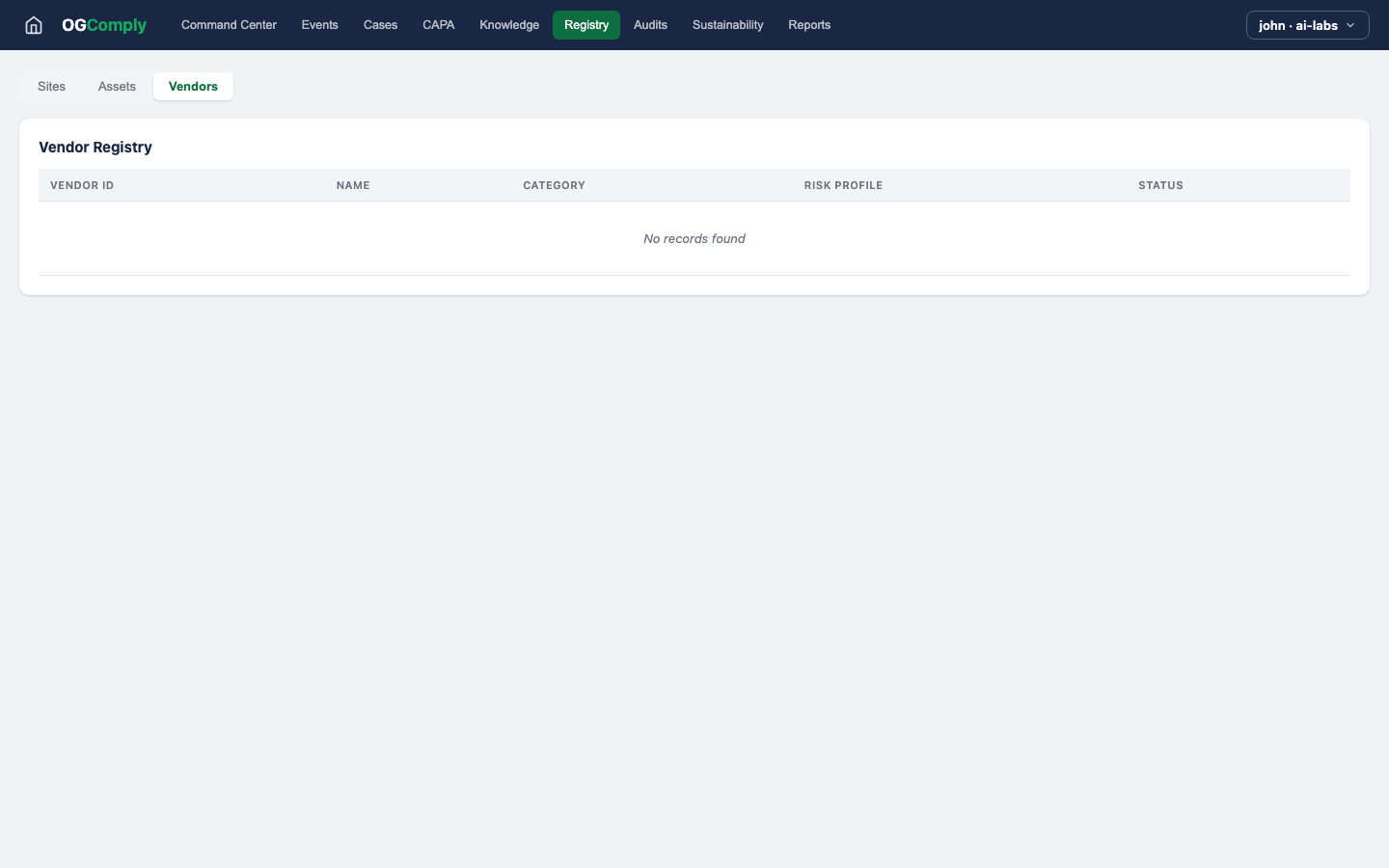 Oil & Gas Compliance — Registry Vendors view