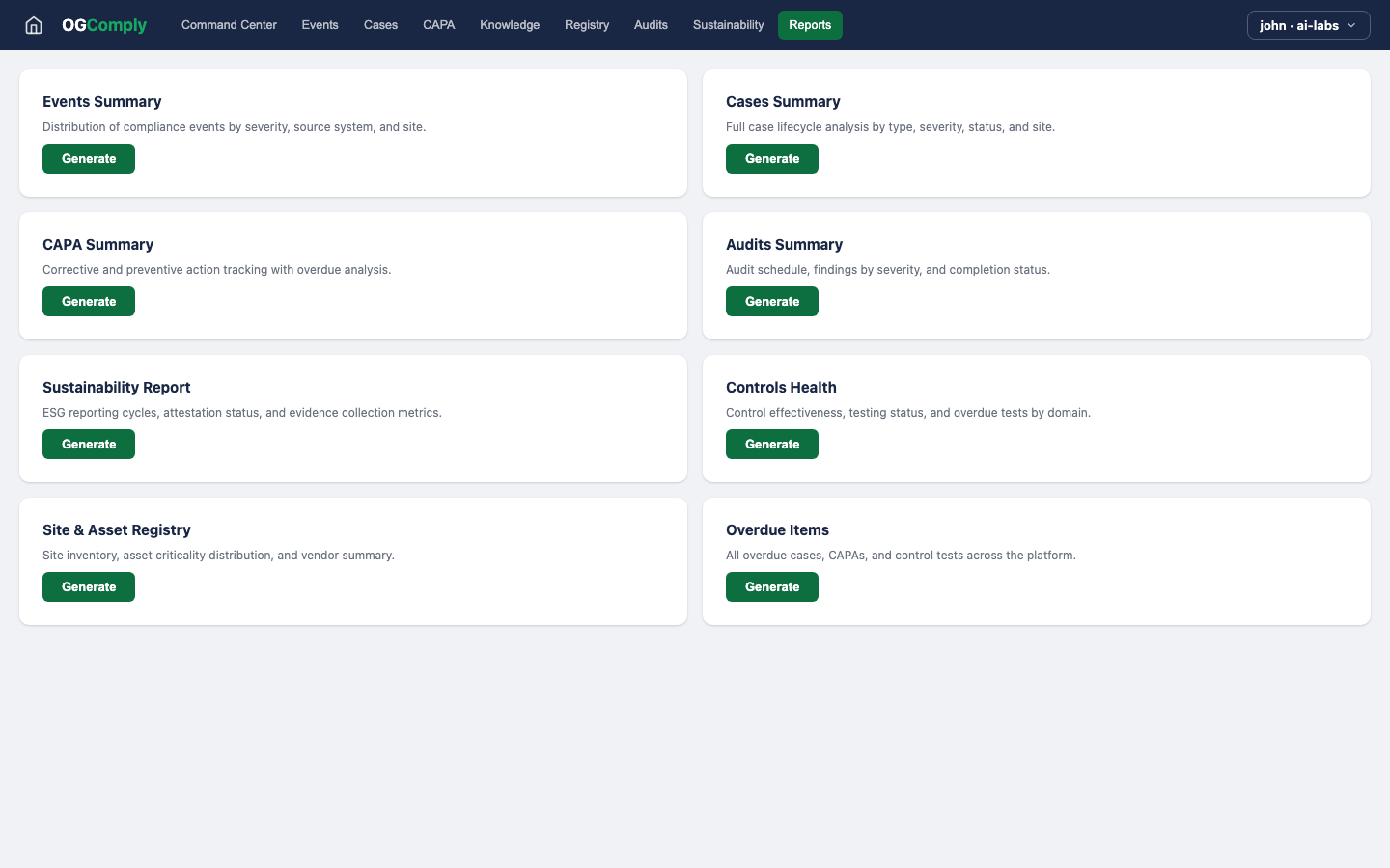 Oil & Gas Compliance — Reports view
