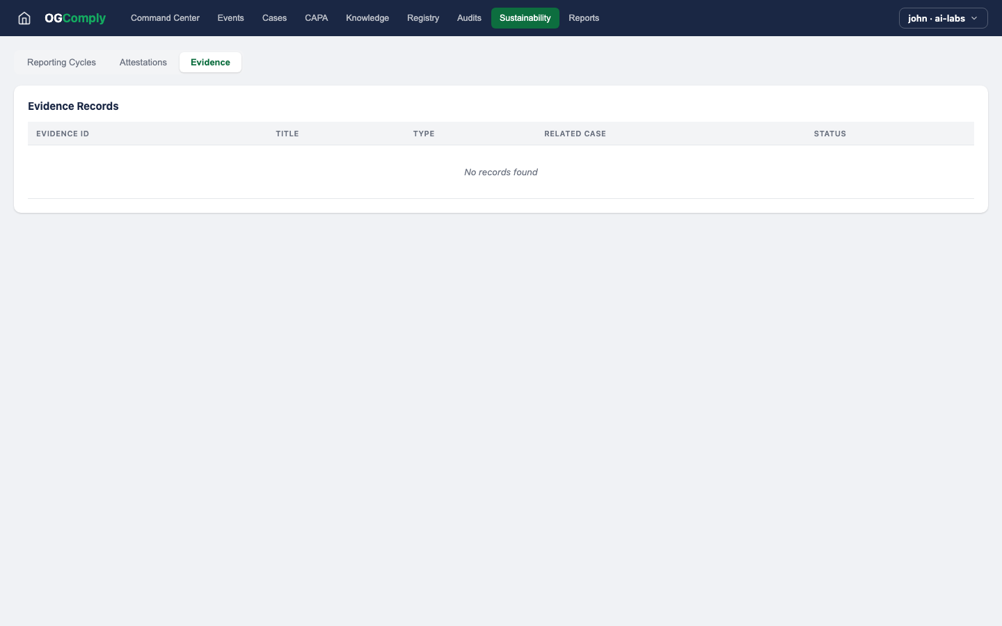 Oil & Gas Compliance — Sustainability Evidence view