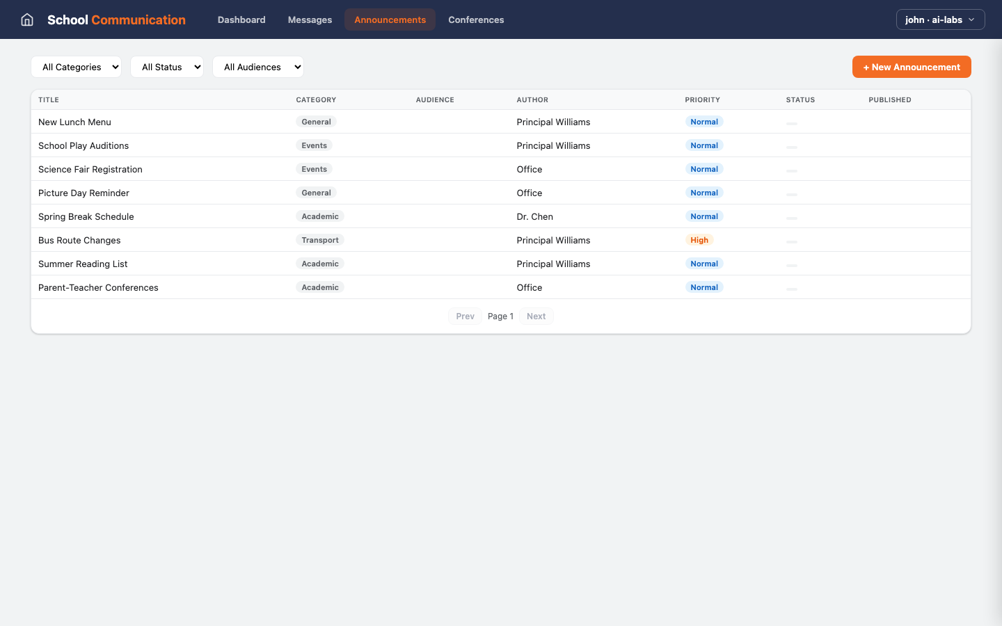 Parent Communication — Announcements view