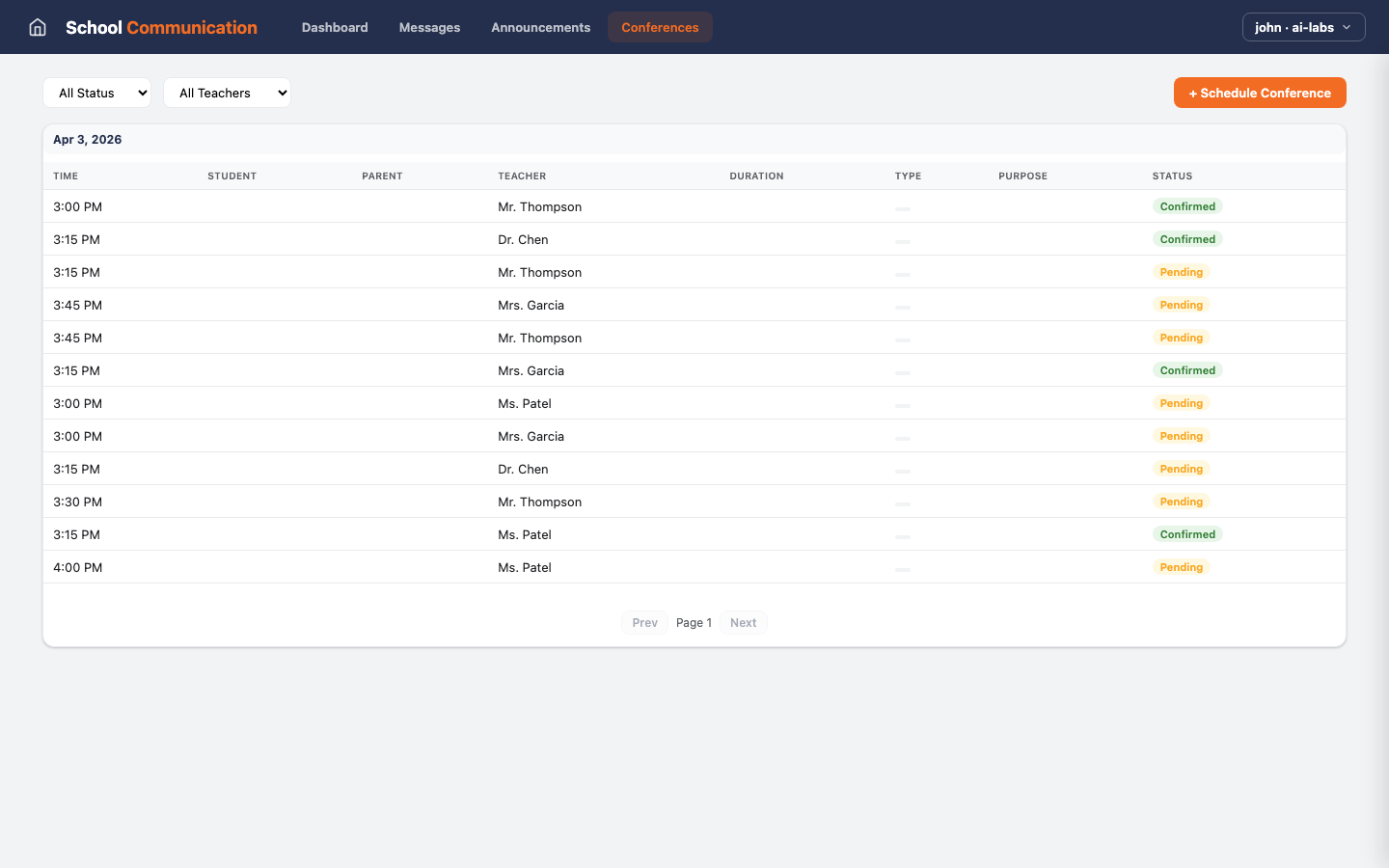 Parent Communication — Conferences view