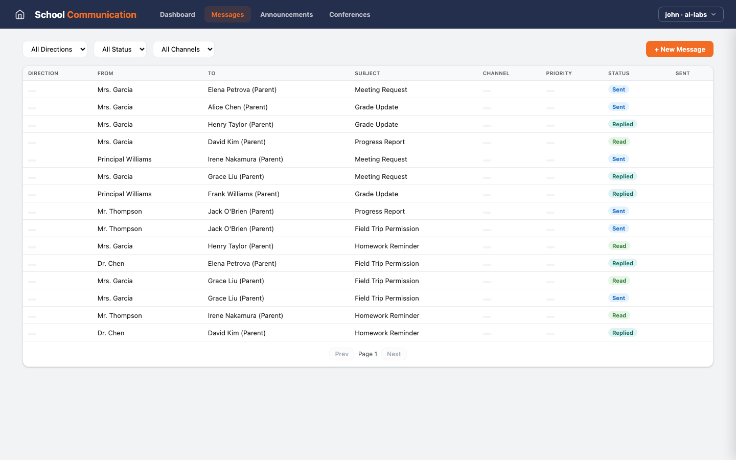 Parent Communication — Messages view