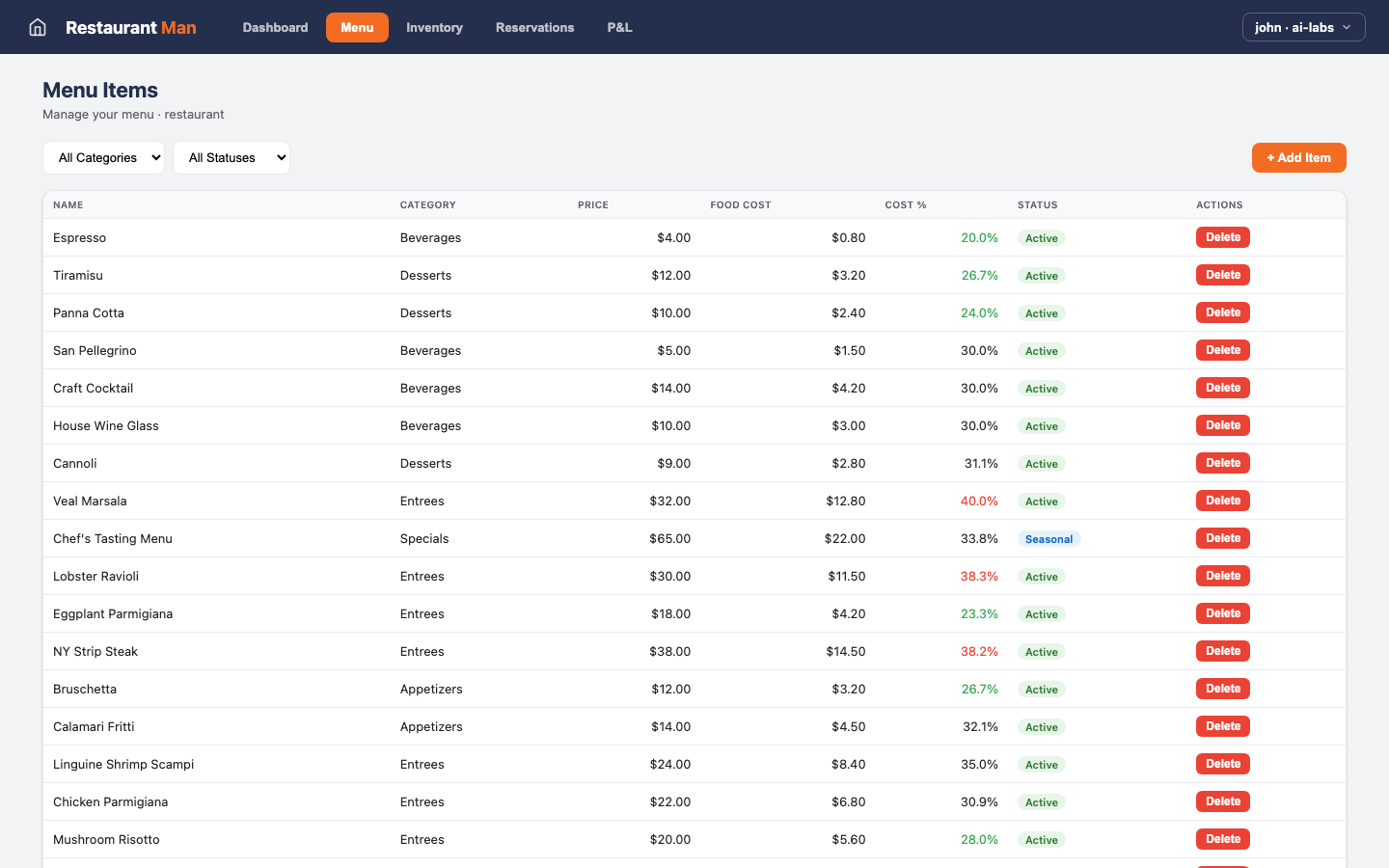 Restaurant Man — Menu view