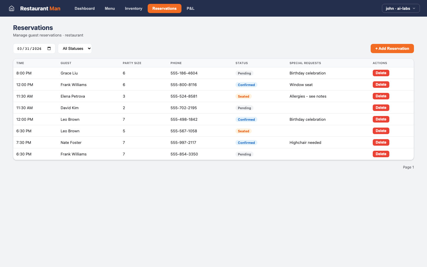Restaurant Man — Reservations view