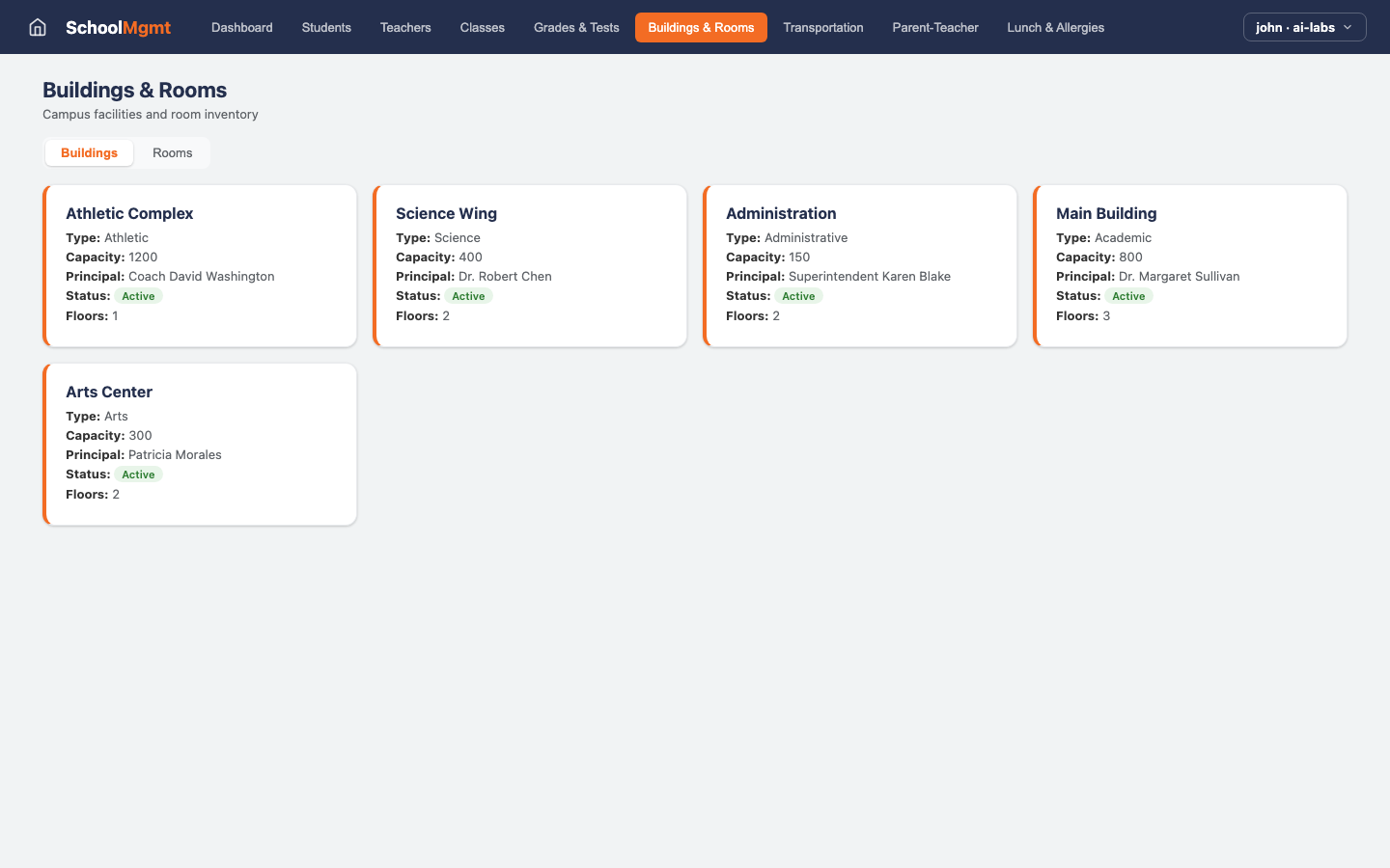 School Management — Buildings Rooms view