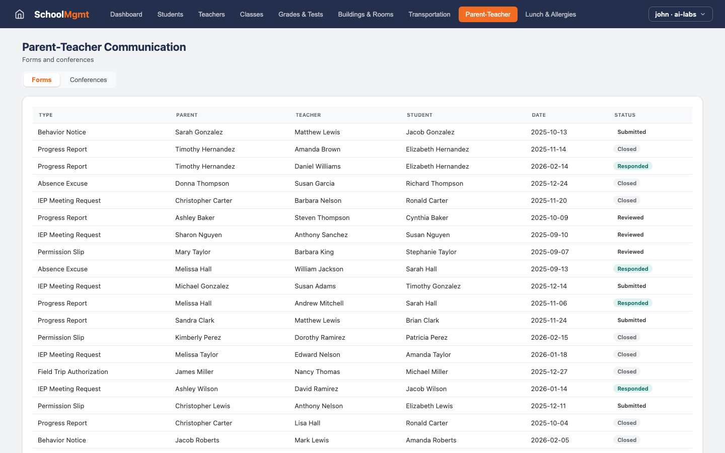 School Management — Parent Teacher view