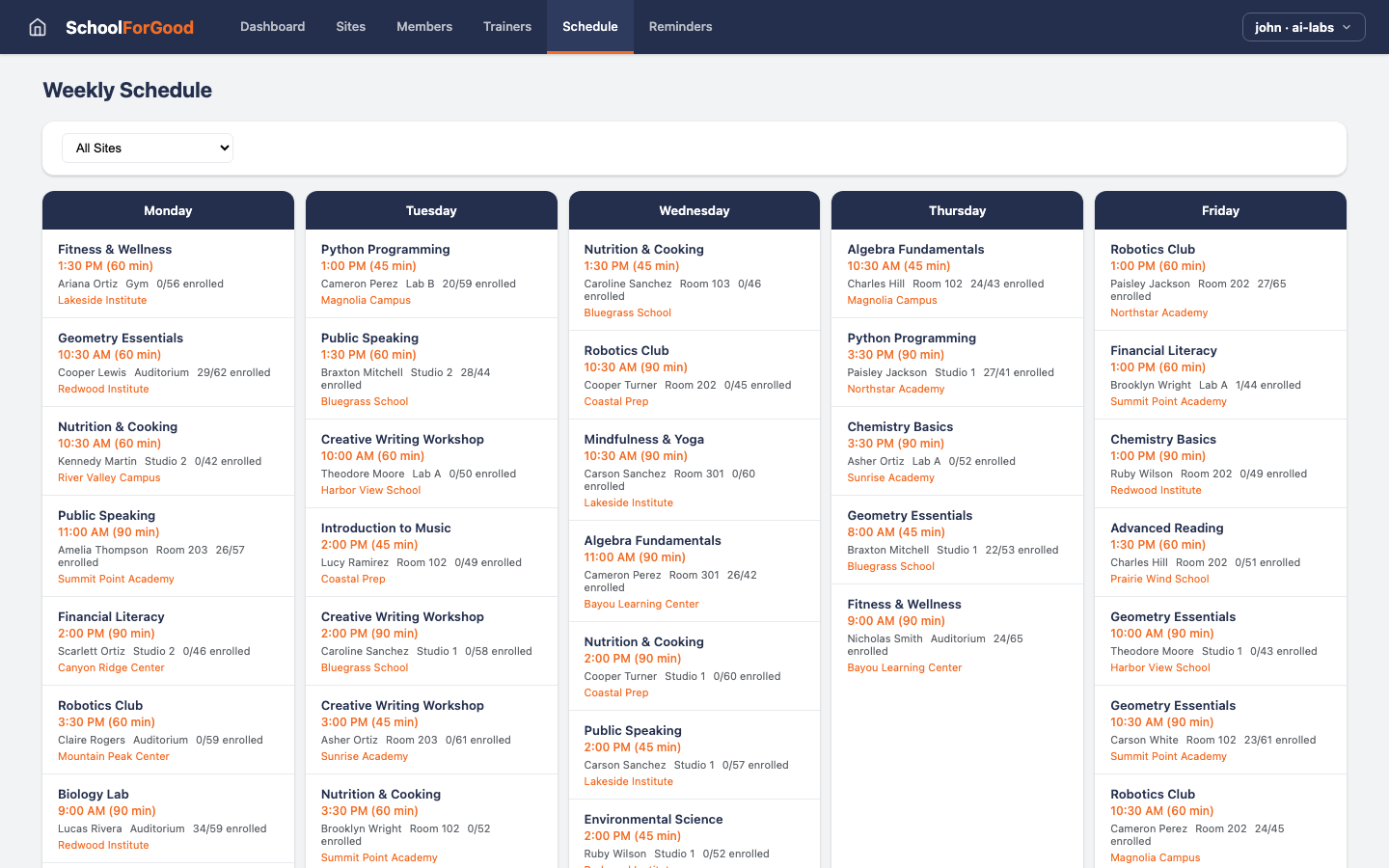 SchoolForGood — Schedule view