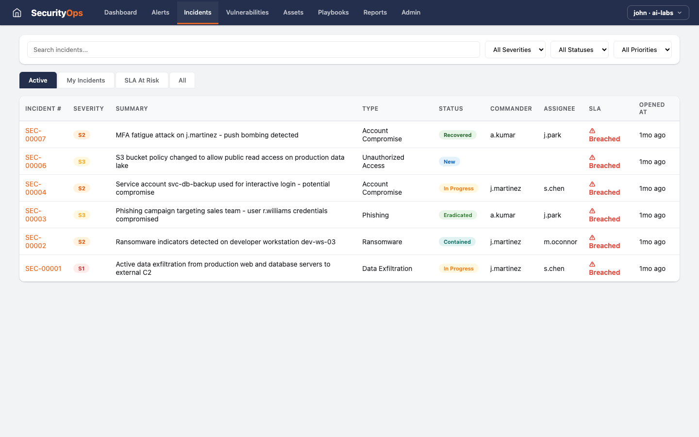 Security Ops — Incidents view