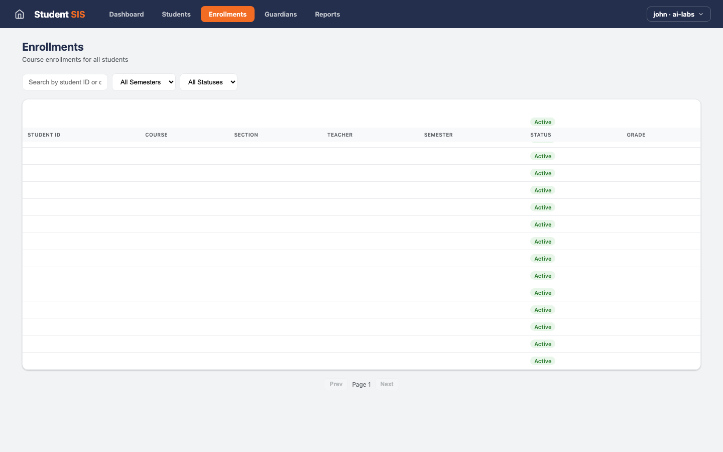 Student Info System — Enrollments view