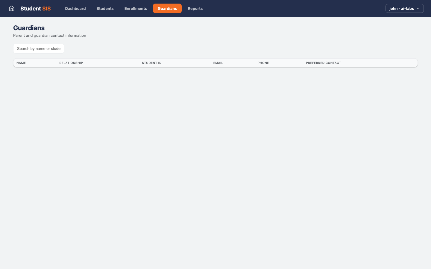 Student Info System — Guardians view