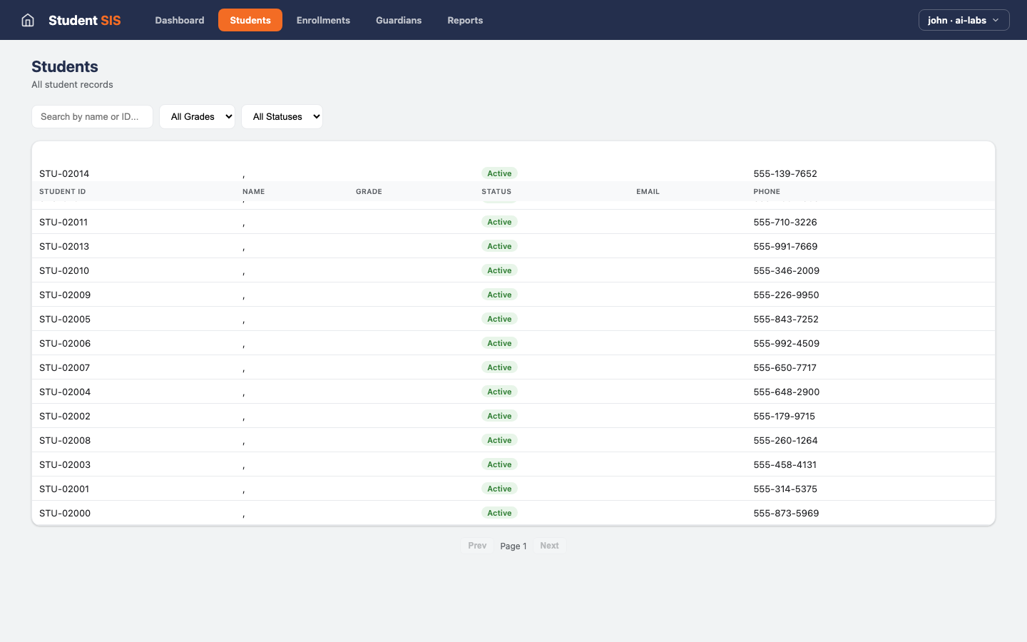 Student Info System — Students view