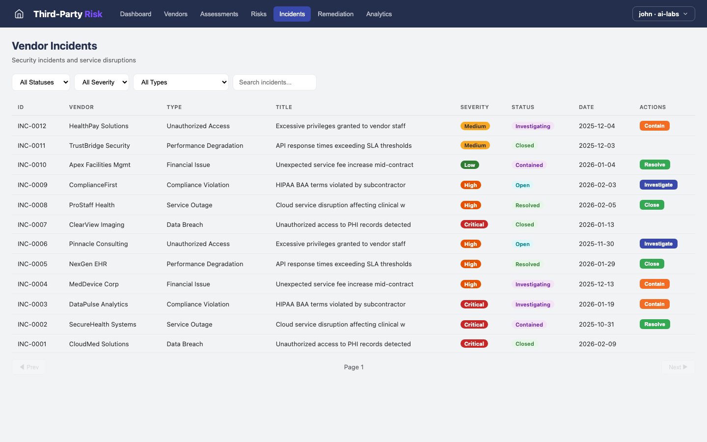 Third-Party Risk — Incidents view