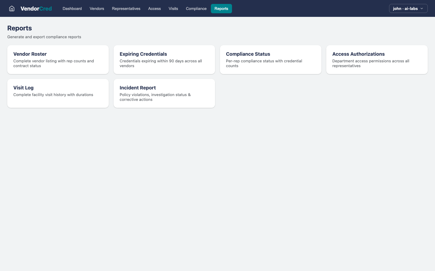Vendor Credentialing — Reports view