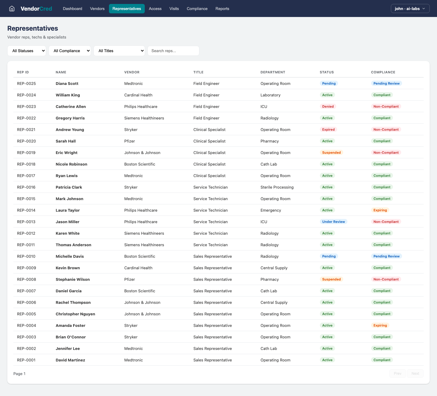 Vendor Credentialing — Representatives view