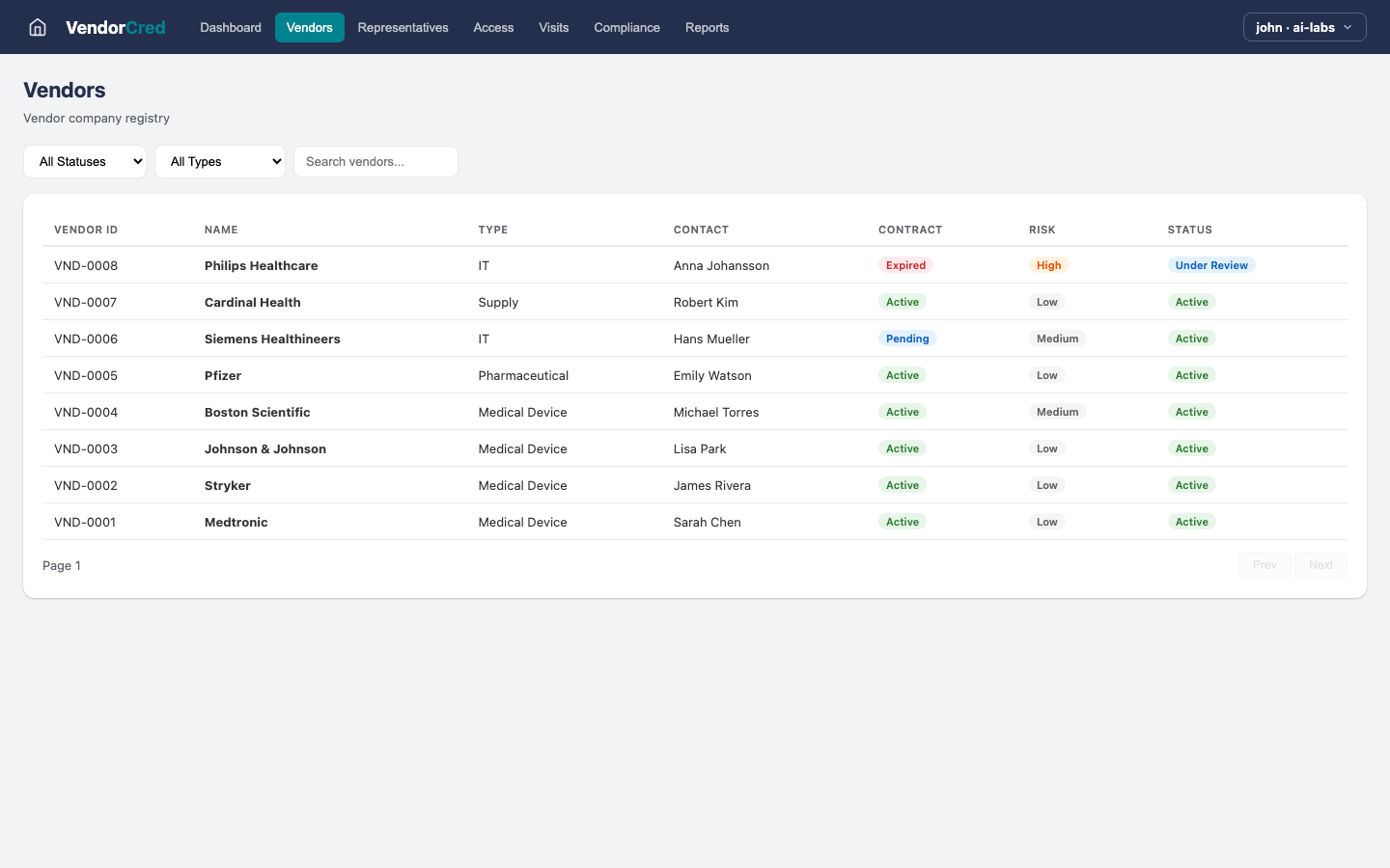 Vendor Credentialing — Vendors view