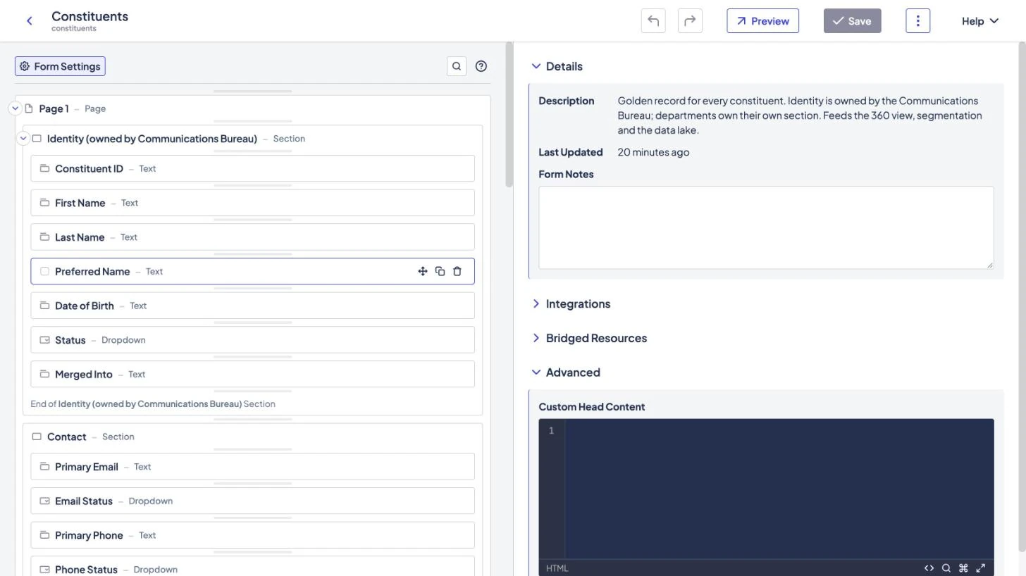 The Kinetic form builder editing a Constituents form, with sections for identity and contact fields such as first name, last name, preferred name, date of birth, status, primary email and primary phone, and a details panel with the form description.