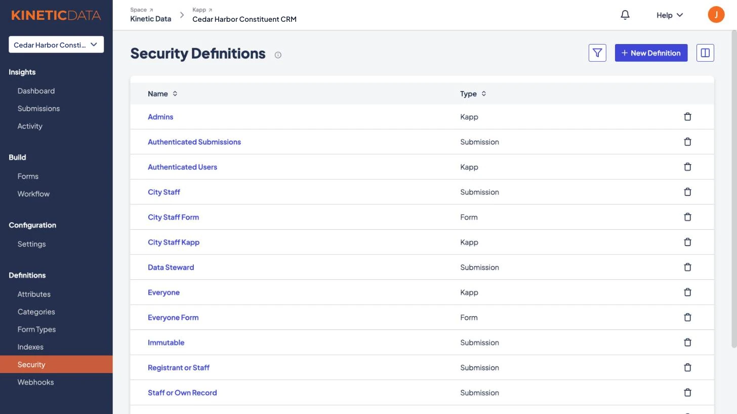 The Kinetic console Security Definitions list for an application, including Admins, Authenticated Submissions, City Staff, City Staff Form, Data Steward, Everyone, Immutable, Registrant or Staff and Staff or Own Record, each typed as Kapp, Form or Submission.