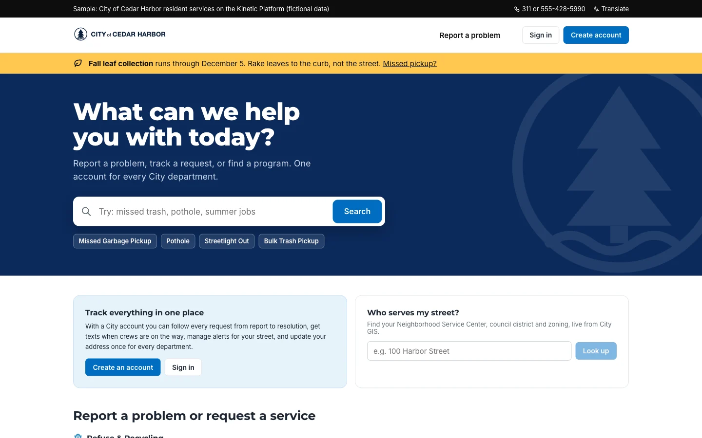 City of Cedar Harbor resident portal home page with the heading What can we help you with today, a service search box, quick links for missed garbage pickup, pothole, streetlight out and bulk trash pickup, and panels to create an account or look up who serves your street.