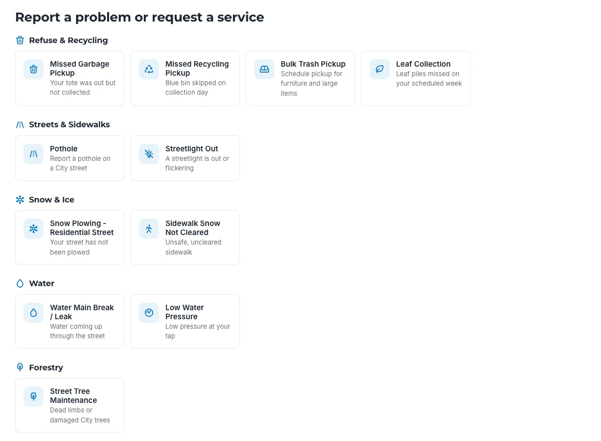 Cedar Harbor service catalog grouped by department: refuse and recycling, streets and sidewalks, snow and ice, water, forestry, and housing and property, each with request types such as pothole, streetlight out, water main break and property code violation.